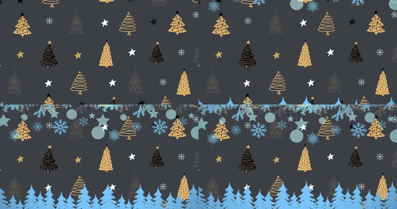 黑色背景上有星星和圣诞树上的小玩意的圣诞装饰品动画