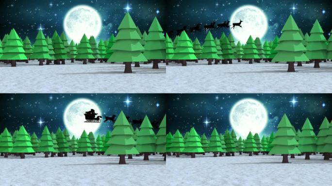 雪橇上的圣诞老人被驯鹿拉着，在夜空中，冬天的风景对着月亮