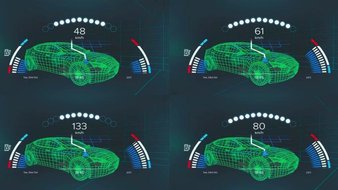 车辆接口上的速度计，gps和充电状态数据的动画，通过3d汽车模型