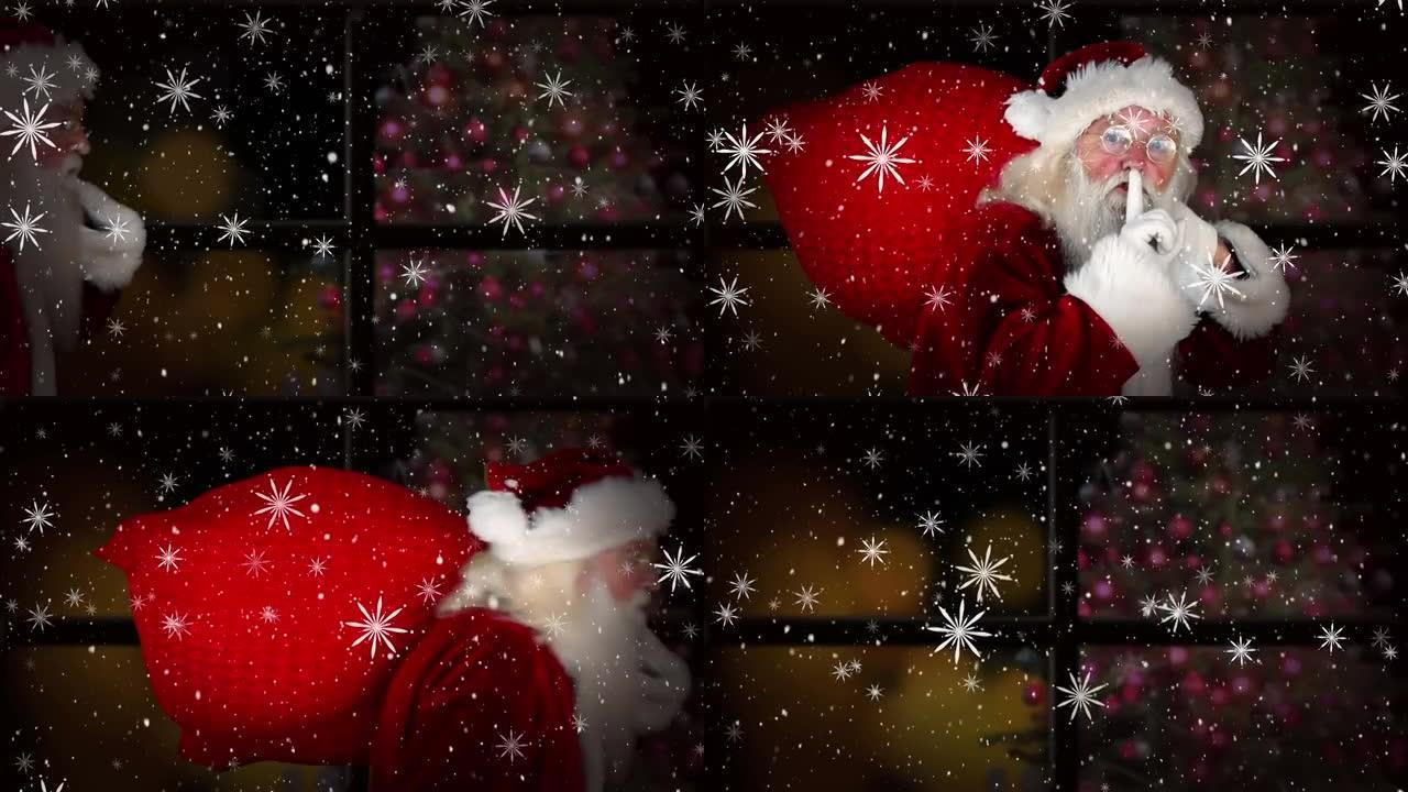 雪落在圣诞老人身上，手指放在嘴唇上，靠在窗框上