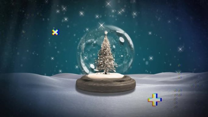 冬季风景中雪球圣诞树上的抽象形状和闪耀的星星