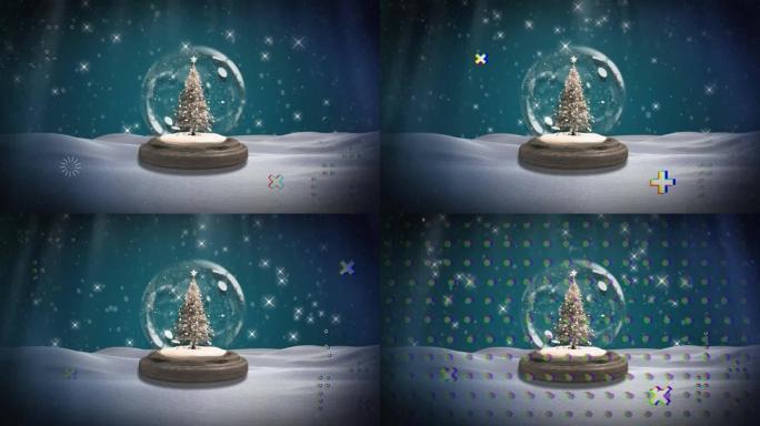 冬季风景中雪球圣诞树上的抽象形状和闪耀的星星