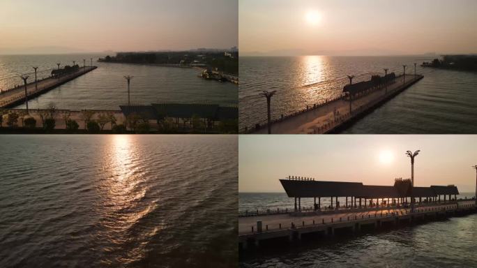 航拍滇池呈贡新码头的夕阳