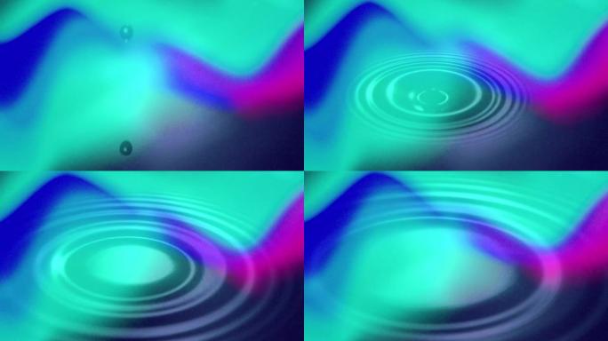 在明亮的绿松石，粉红色和蓝色背景上移动的液滴和波浪的动画