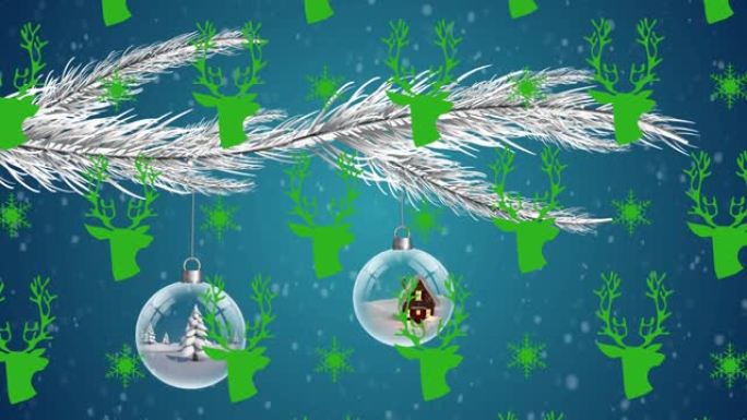 在带有装饰品的圣诞树上重复播放驯鹿头的动画