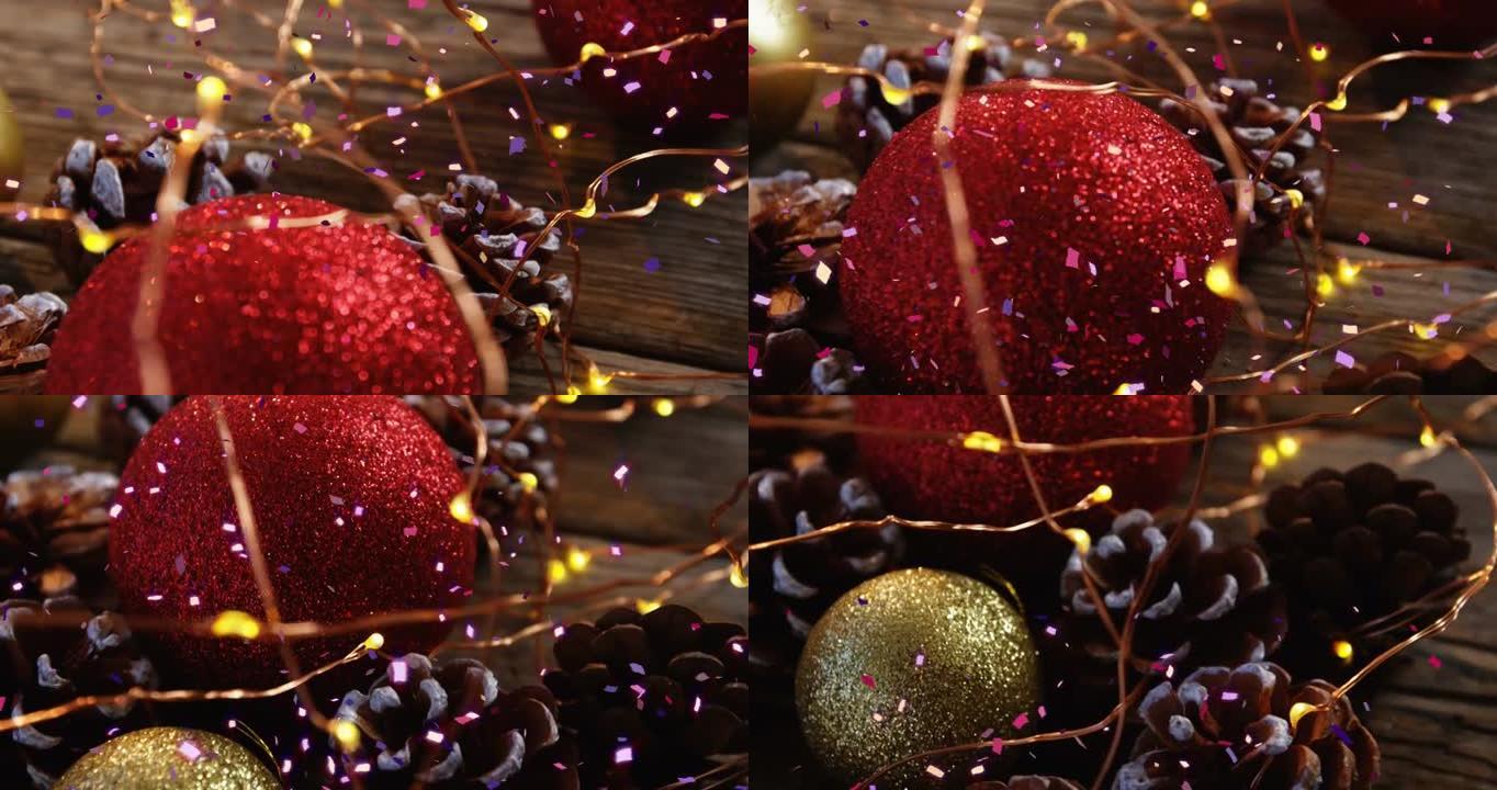 五彩纸屑掉落在圣诞节装饰上的动画，带有童话般的灯光和小玩意