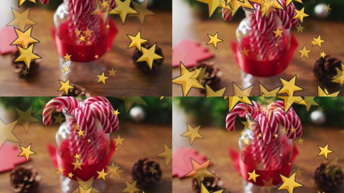 金星在圣诞节糖果棒和装饰品上移动的动画