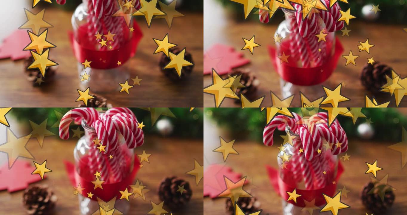 金星在圣诞节糖果棒和装饰品上移动的动画