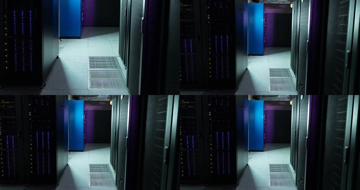 一排排紫色和蓝色电脑服务器的空走廊视频