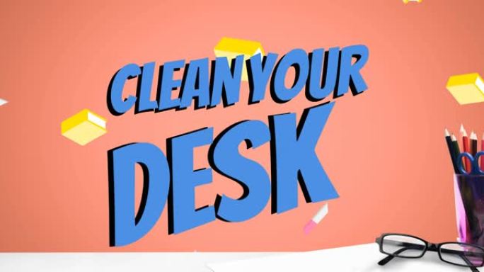 动画清洁您的办公桌上的文字在办公室项目在橙色的背景
