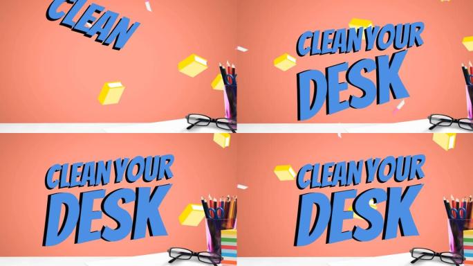 动画清洁您的办公桌上的文字在办公室项目在橙色的背景