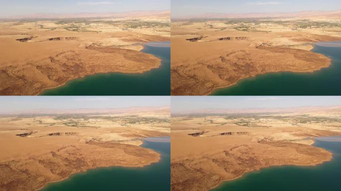 约旦河从高空进入死海，鸟瞰图