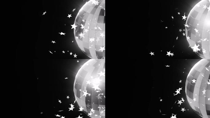 黑色背景上白色圣诞星星和旋转镜球的动画