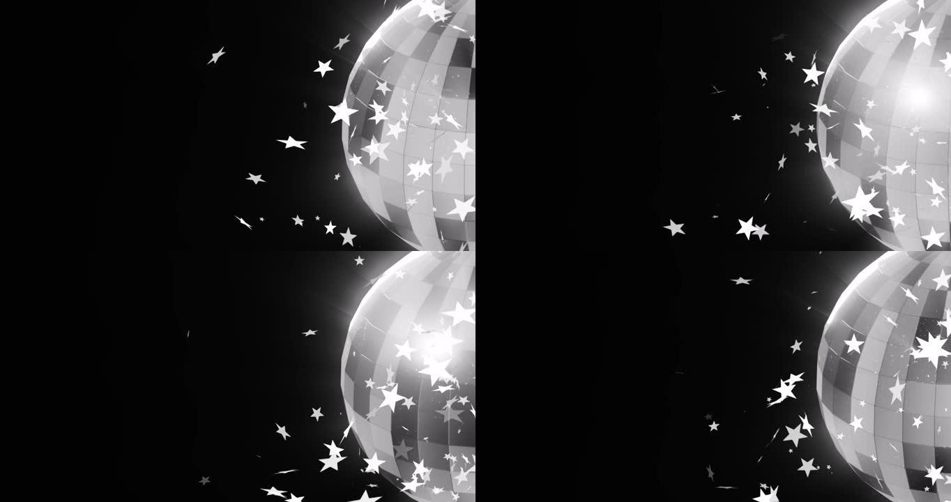 黑色背景上白色圣诞星星和旋转镜球的动画
