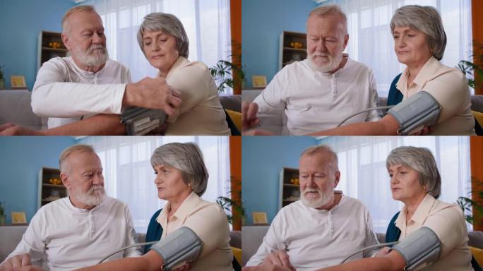 高血压的预防和治疗，男人在家测量血压的老人妻子