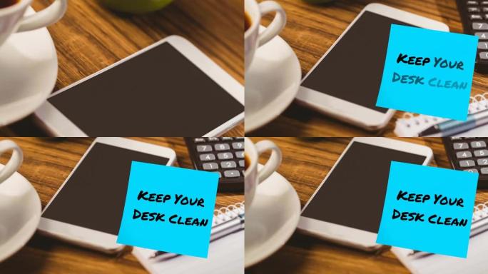 动画保持你的桌子干净的备忘录上的文字笔记在智能手机上的桌子