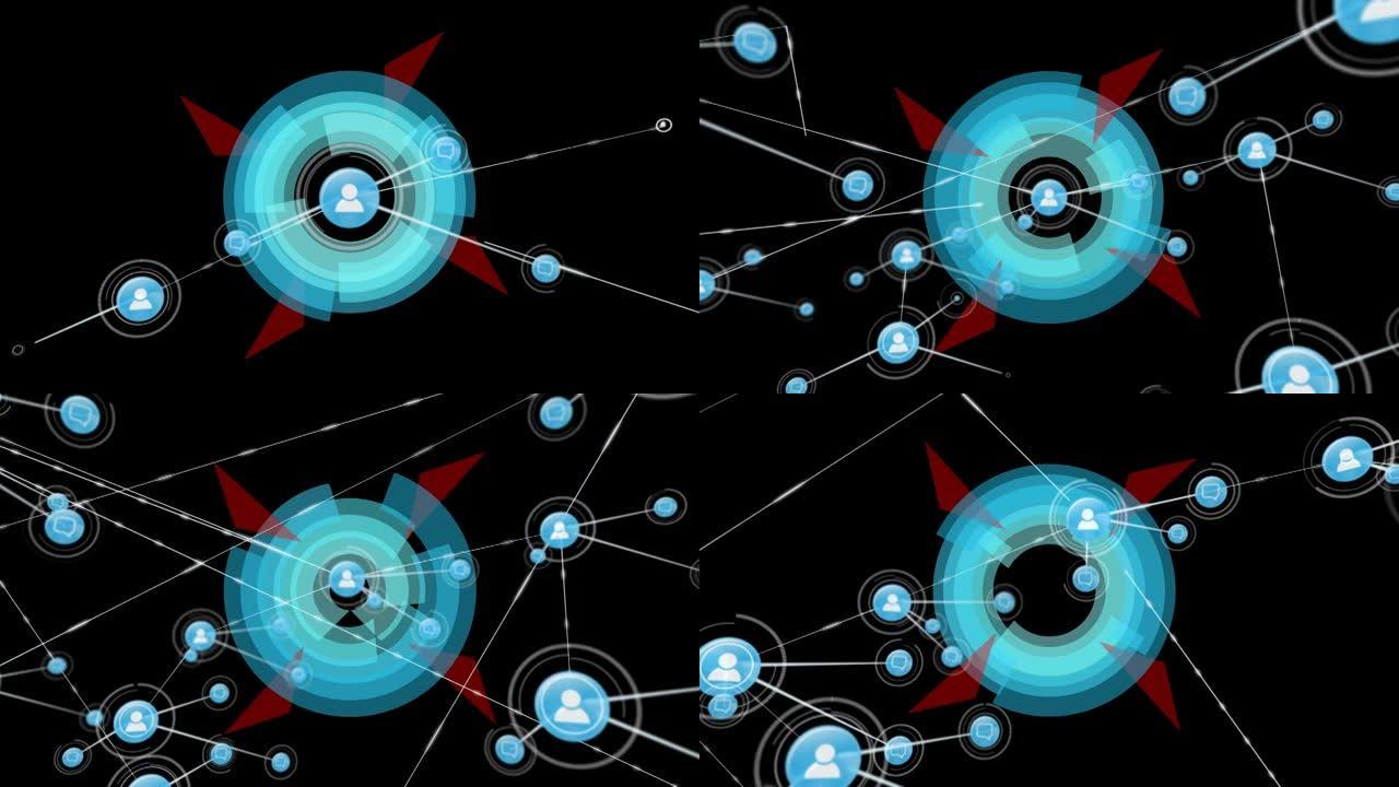 黑色背景上的图标扫描范围内的连接网络动画