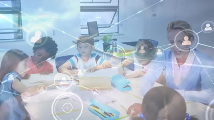 快乐的多元化老师和学童之间的联系网络动画