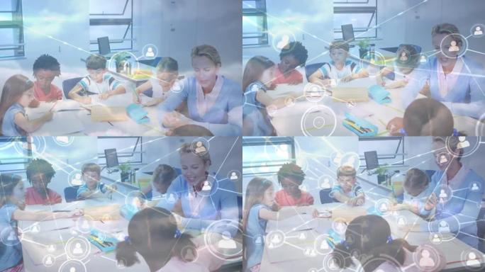 快乐的多元化老师和学童之间的联系网络动画