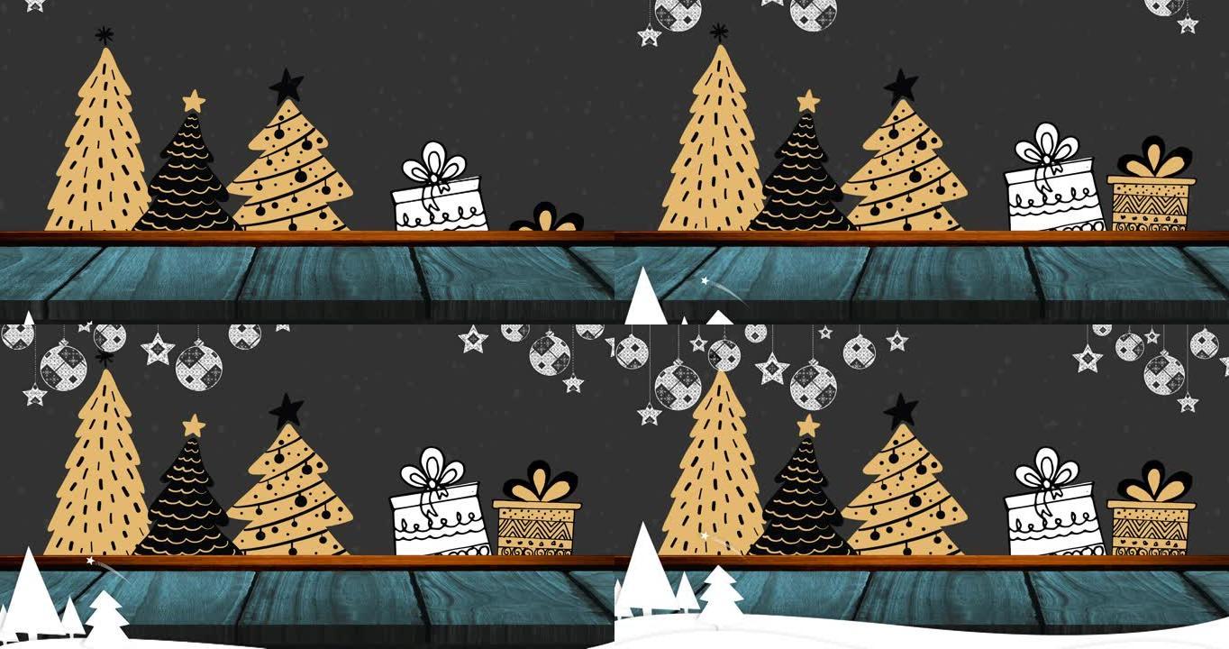 雪花落在圣诞树上的动画和黑色背景上的礼物