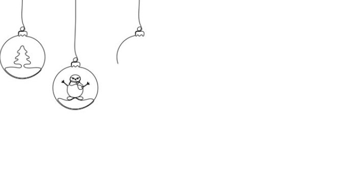 动画插图。连续一行挂球与驯鹿，圣诞树，马，天使，兔子。手绘简约风格。手工绘制的线条草图。圣诞概念。4