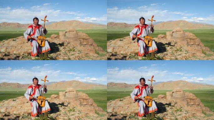 蒙古族传统喉歌手在西部阿尔泰山附近的户外练习