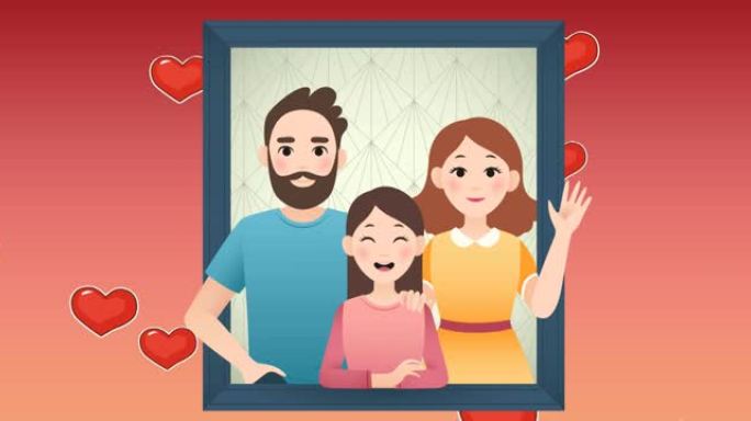 幸福父母和女儿肖像插图动画，红心