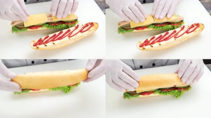 双手制作三明治特写。