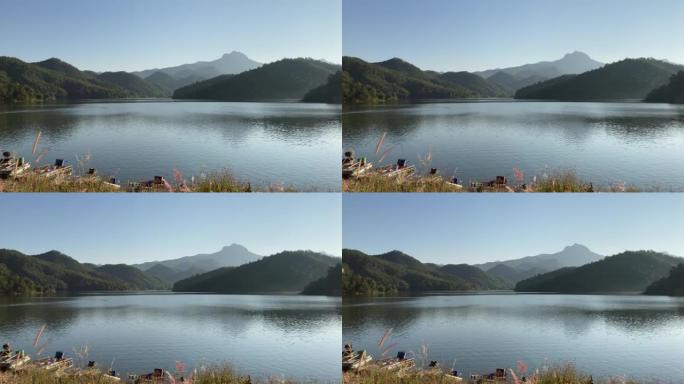 早晨宁静的湖平静湖面古风山水远山倒影