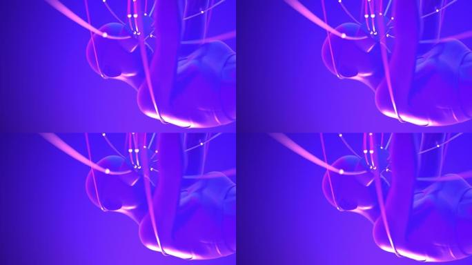 VR眼镜中的女人的特写镜头挂在霓虹灯空间数据流中的电缆上。元宇宙化身概念。紫外线赛博朋克插图。可循环