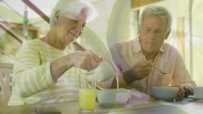 快乐的高加索高级夫妇在家吃早餐时的橙片动画