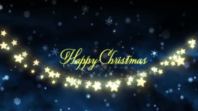 童话般的灯光，雪花和星星上的圣诞节快乐文字动画