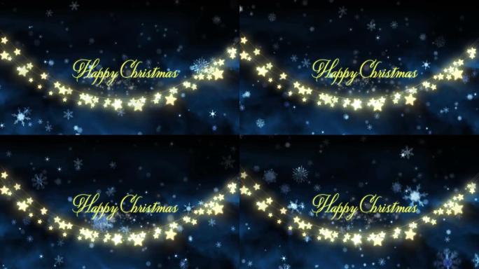 童话般的灯光，雪花和星星上的圣诞节快乐文字动画