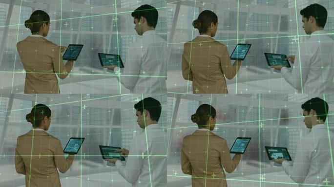 使用平板电脑对商人和女商人进行数据处理的动画
