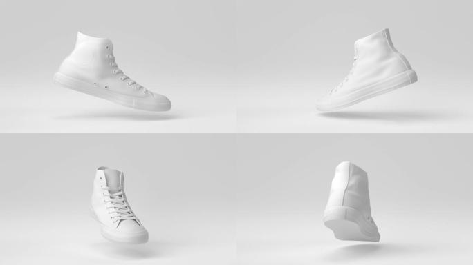 白色背景下漂浮的白鞋。极简概念创意。3D渲染。