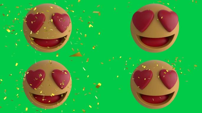 落在绿色背景上的五彩纸屑上的爱情表情图标动画