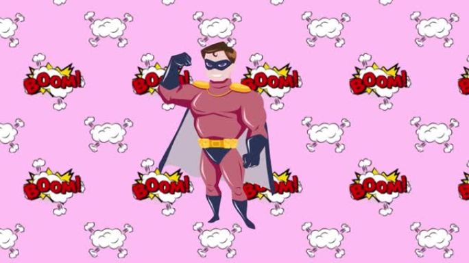粉红色背景上快乐的男性超级英雄的繁荣文本和爆炸插图动画