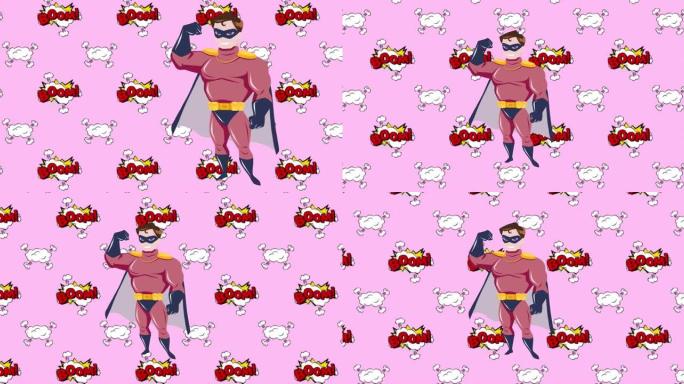 粉红色背景上快乐的男性超级英雄的繁荣文本和爆炸插图动画