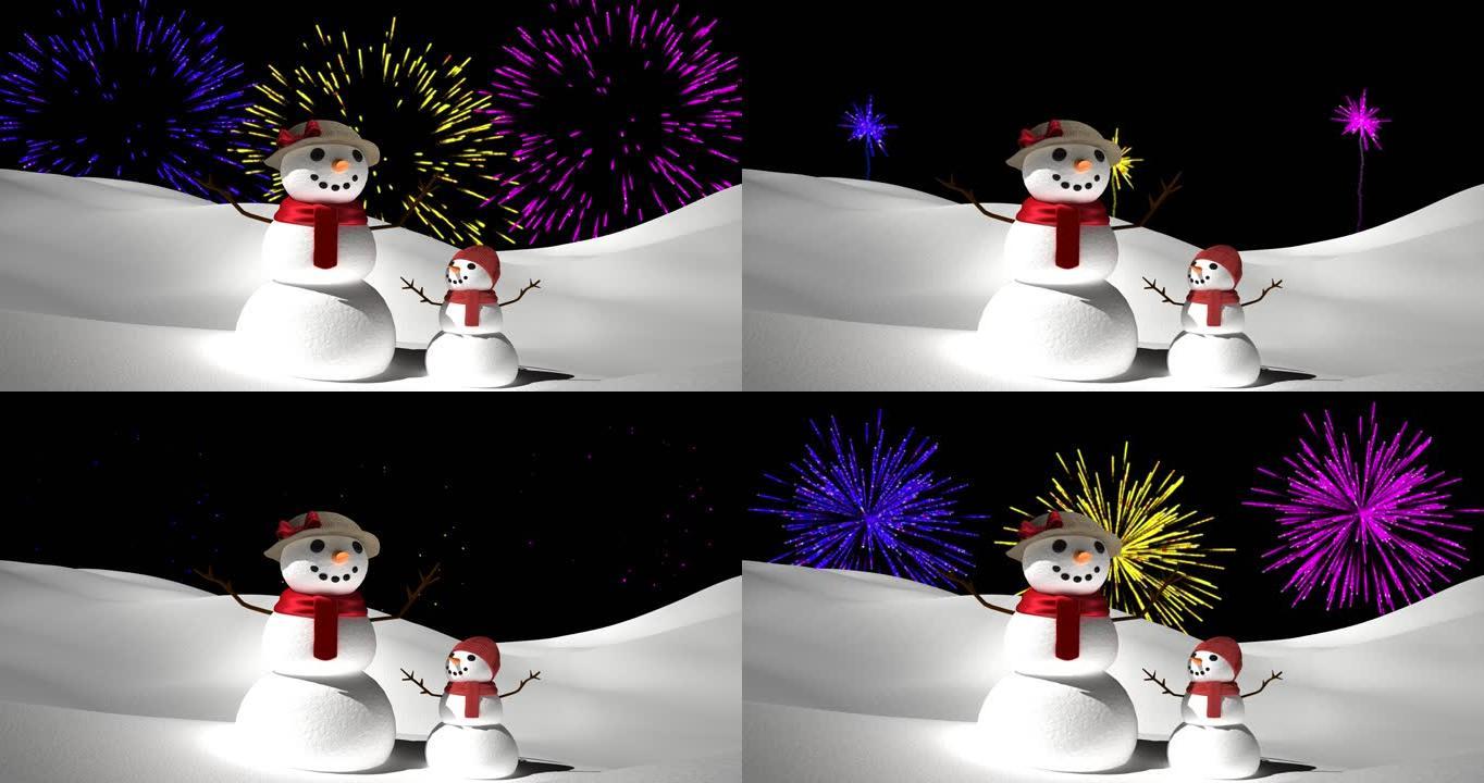 黑色背景上圣诞节雪人爆炸的彩色烟花动画