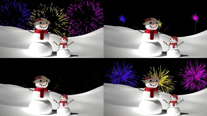 黑色背景上圣诞节雪人爆炸的彩色烟花动画