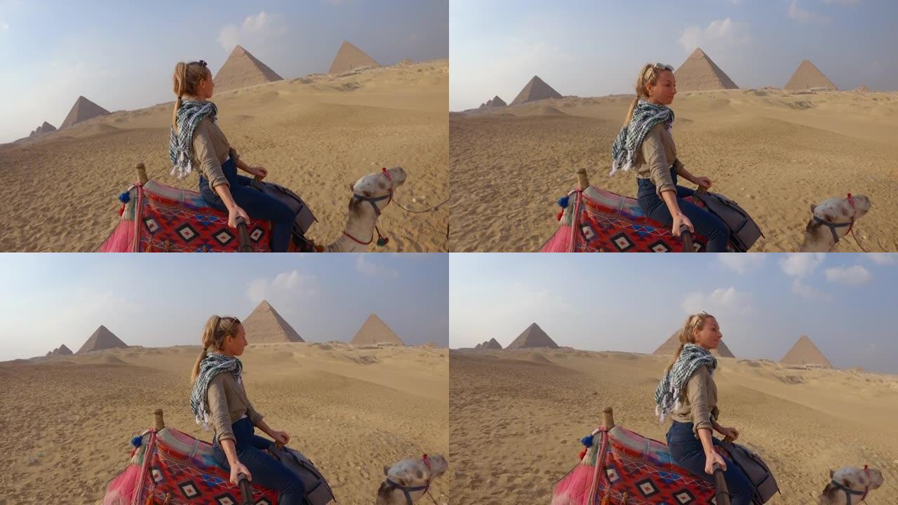 年轻女子在埃及骑骆驼时自拍。女性观光骆驼上的大金字塔自拍很酷