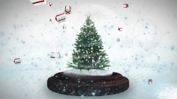 在灰色背景上的圣诞礼物图标下，雪球在圣诞树周围流星