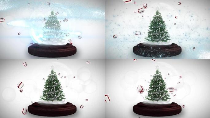 在灰色背景上的圣诞礼物图标下，雪球在圣诞树周围流星