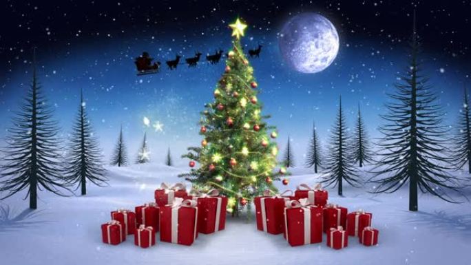 雪花落在圣诞树上，并在夜空中与月亮对抗冬季景观的礼物