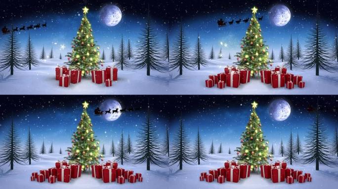 雪花落在圣诞树上，并在夜空中与月亮对抗冬季景观的礼物