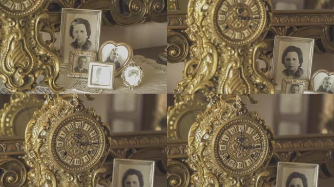 祖先和古董时钟的照片，象征着时间的流逝