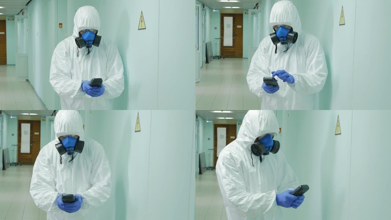 病毒学家测量辐射水平并确定房间中有害物质的量