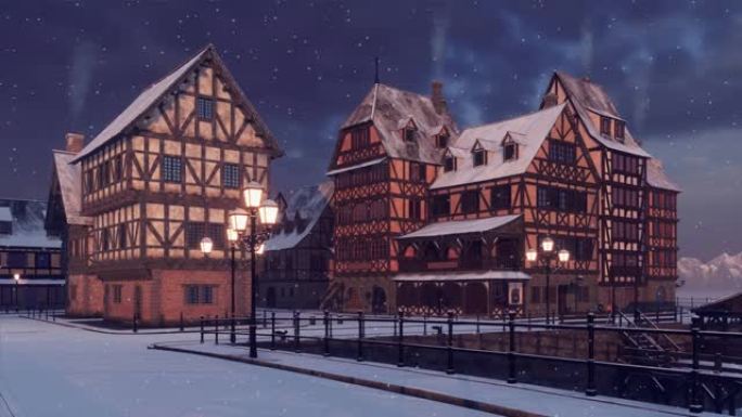 平静的冬夜3D动画中欧洲老城的空荡街