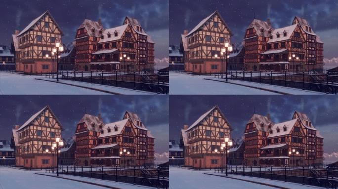 平静的冬夜3D动画中欧洲老城的空荡街