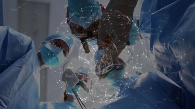 带有外科医生在口罩上的网络连接的globe动画